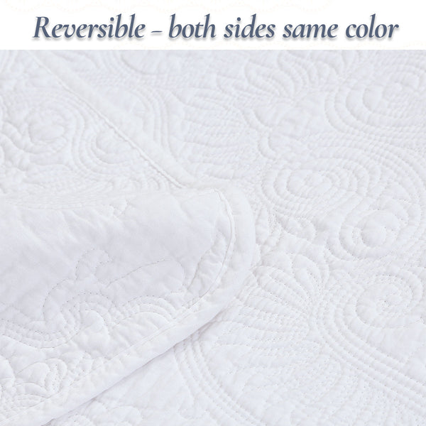 Classic Orient Damask Medallion Stitch Solid White 100% Cotton 3 Piece Quilt Bedding Set