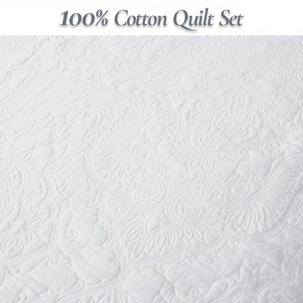 Classic Orient Damask Medallion Stitch Solid White 100% Cotton 3 Piece Quilt Bedding Set