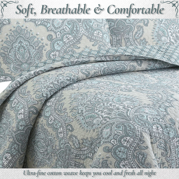 Ornate Paisley Medallion Grey Blue Cotton 3 Piece Queen Quilt Bedding Set