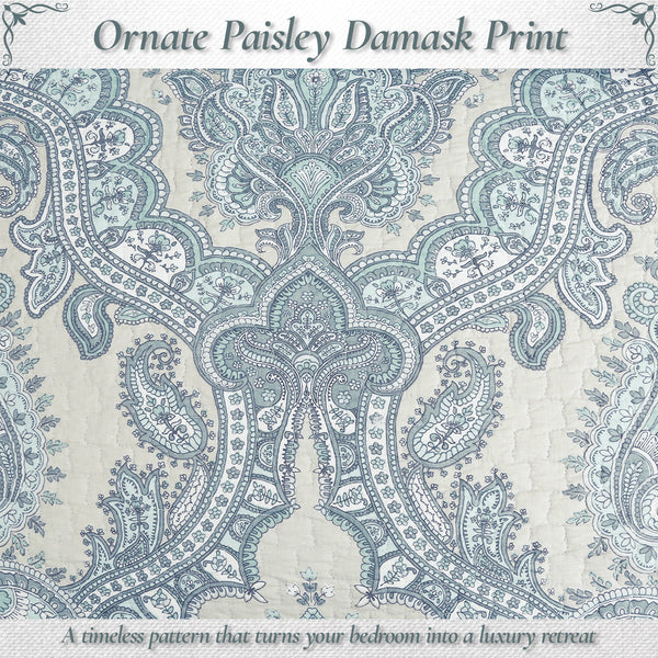 Ornate Paisley Medallion Grey Blue Cotton 3 Piece Queen Quilt Bedding Set
