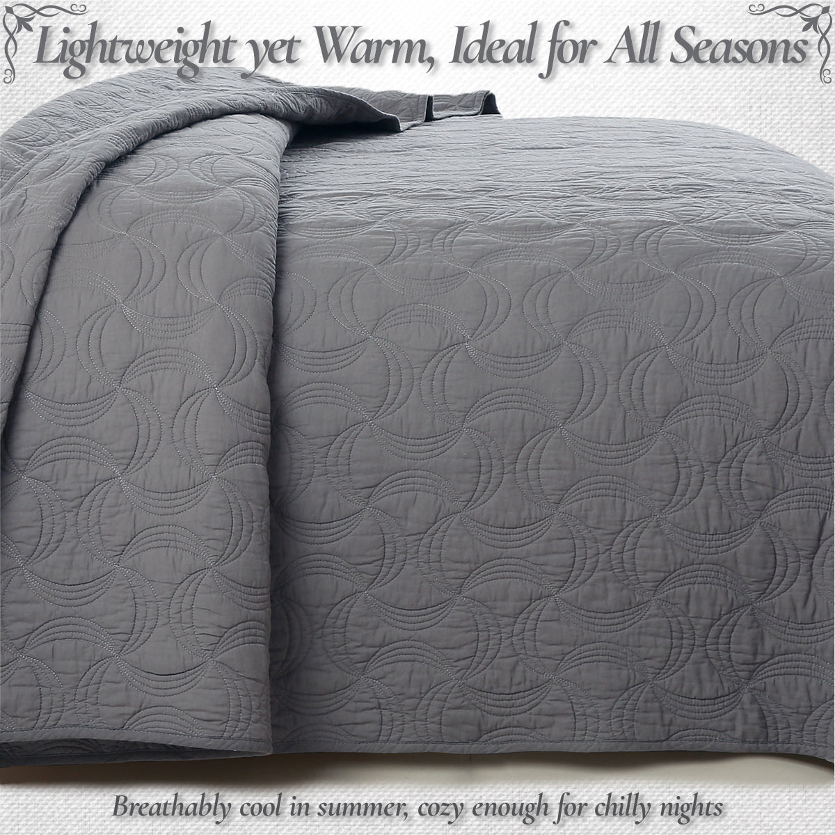 Solid Gray Spiral Swirl Pinwheel 3 Piece Cotton Quilt Bedding Set