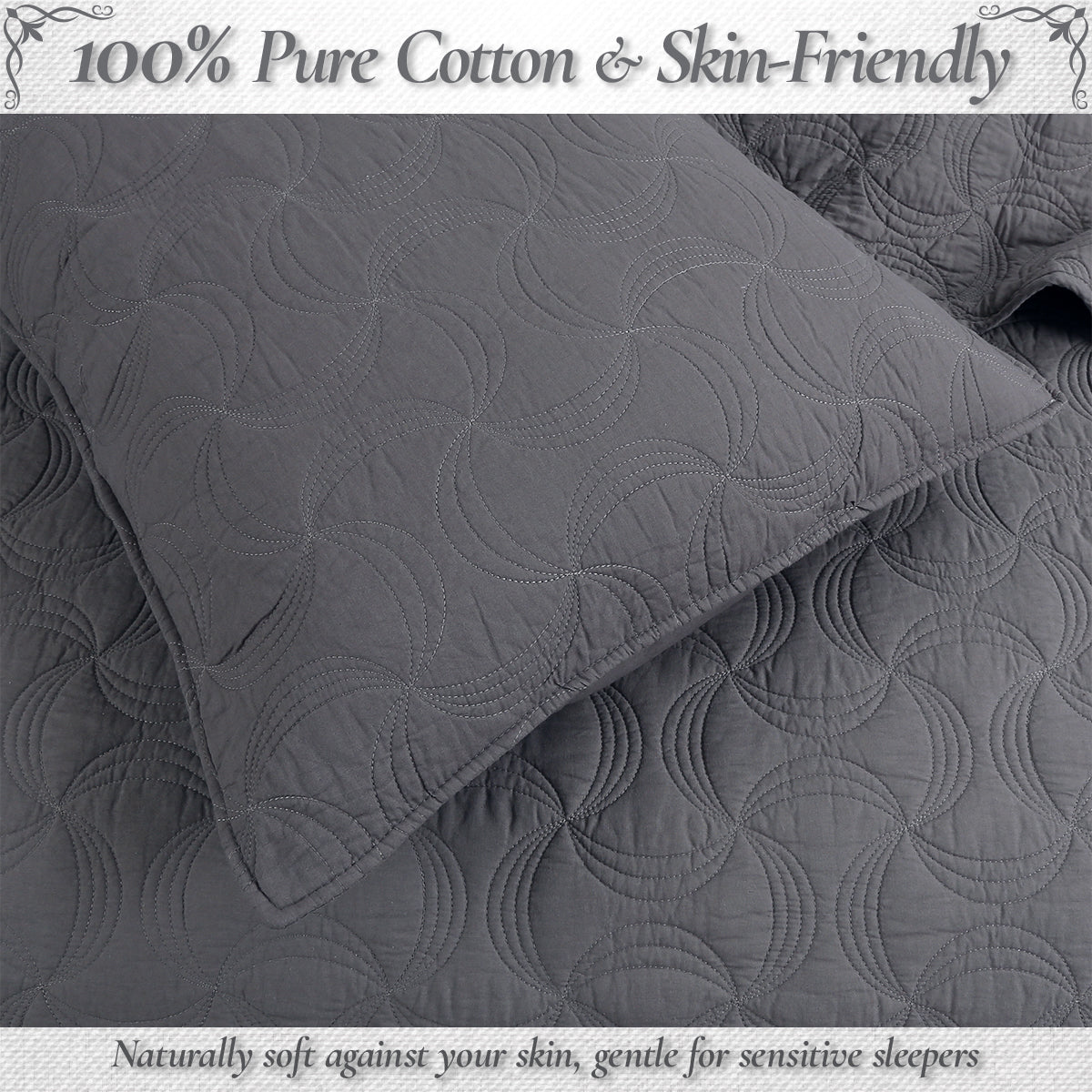 Solid Gray Spiral Swirl Pinwheel 3 Piece Cotton Quilt Bedding Set