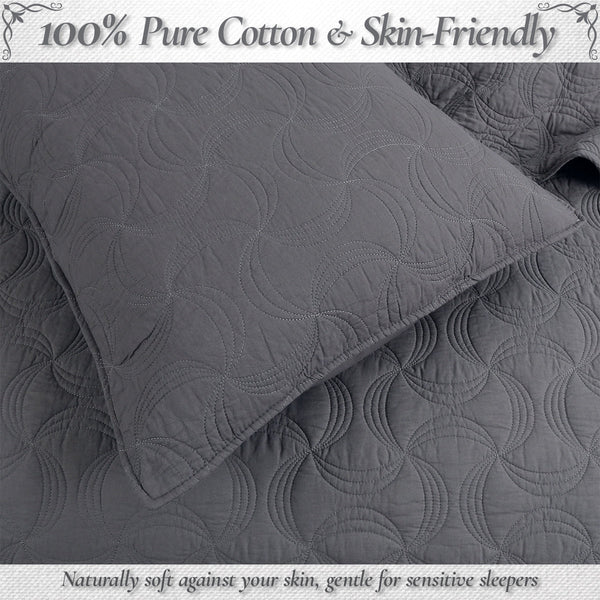 Solid Gray Spiral Swirl Pinwheel 3 Piece Cotton Quilt Bedding Set