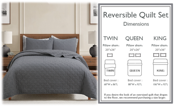 Solid Gray Spiral Swirl Pinwheel 3 Piece Cotton Quilt Bedding Set