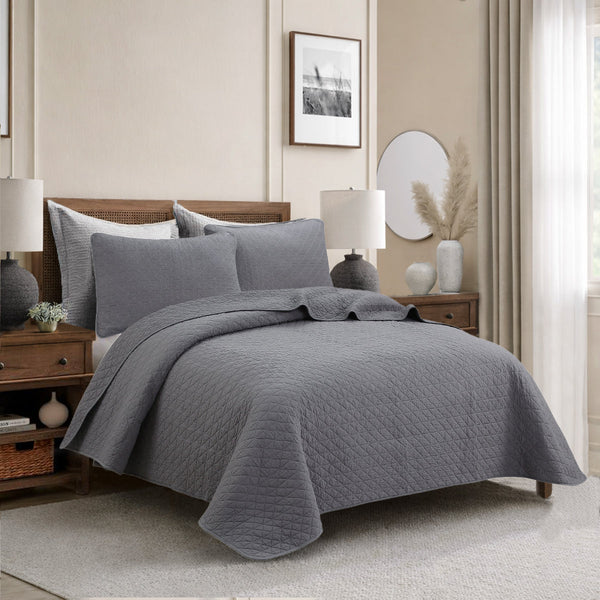 Square Checkered Crisp Clean Solid Chic Gray 3 Piece Cotton Reversible Quilt Bedding Set