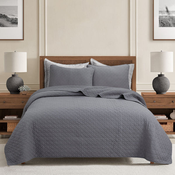 Square Checkered Crisp Clean Solid Chic Gray 3 Piece Cotton Reversible Quilt Bedding Set
