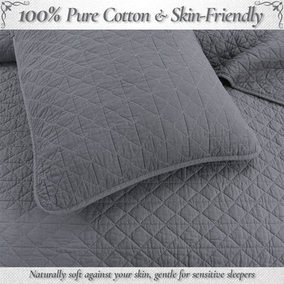 Square Checkered Crisp Clean Solid Chic Gray 3 Piece Cotton Reversible Quilt Bedding Set
