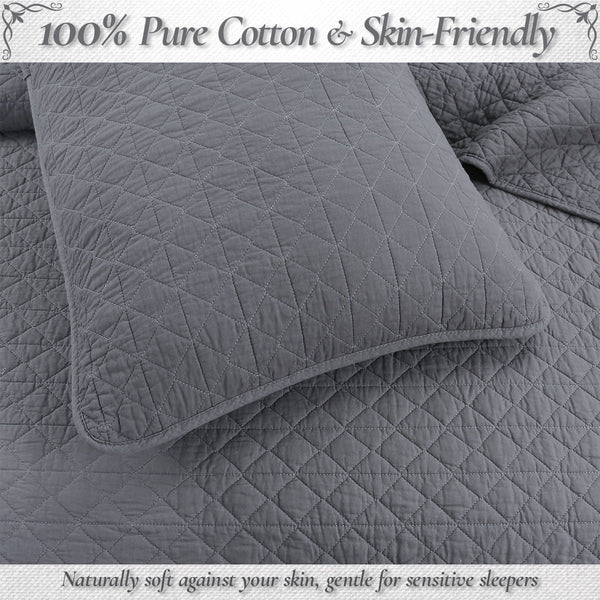 Square Checkered Crisp Clean Solid Chic Gray 3 Piece Cotton Reversible Quilt Bedding Set