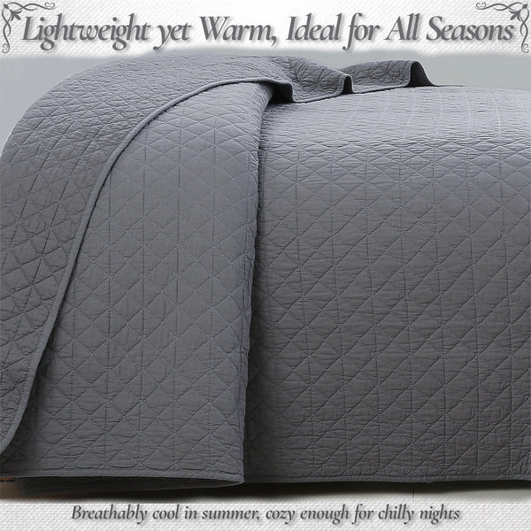 Square Checkered Crisp Clean Solid Chic Gray 3 Piece Cotton Reversible Quilt Bedding Set