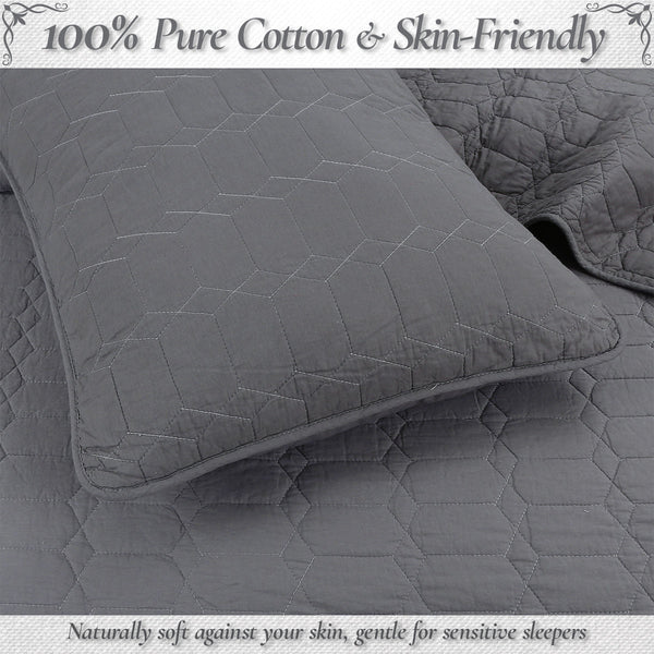 Diamond Honeycomb Solid Chic Gray 3 Piece Cotton Reversible Quilt Bedding Set