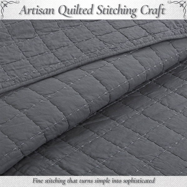 Solid Chic Gray Square Gingham Checkered 3 Piece Cotton Reversible Quilt Bedding Set