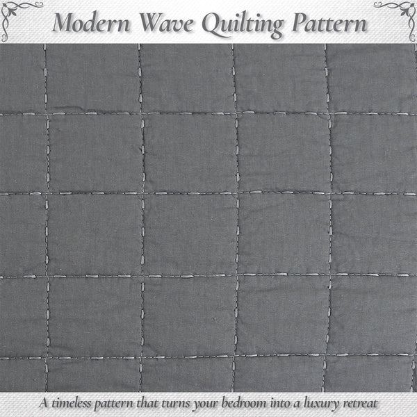 Solid Chic Gray Square Gingham Checkered 3 Piece Cotton Reversible Quilt Bedding Set