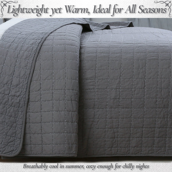 Solid Chic Gray Square Gingham Checkered 3 Piece Cotton Reversible Quilt Bedding Set