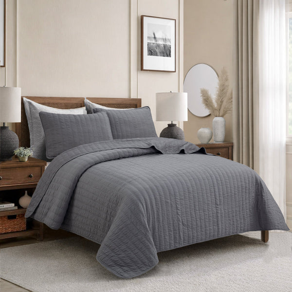 Stripe Staple Channel Lines Classic Solid Chic Gray 3 Piece Cotton Quilt Bedding Set