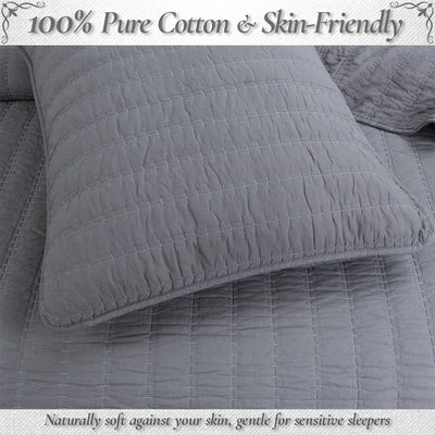 Stripe Staple Channel Lines Classic Solid Chic Gray 3 Piece Cotton Quilt Bedding Set
