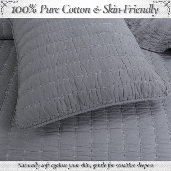Stripe Staple Channel Lines Classic Solid Chic Gray 3 Piece Cotton Quilt Bedding Set