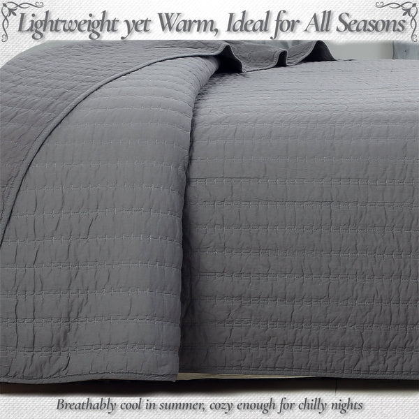 Stripe Staple Channel Lines Classic Solid Chic Gray 3 Piece Cotton Quilt Bedding Set