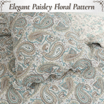 Aquamarine Turquoise Tan Brown Paisley 3 Piece Cotton Quilt Bedding Set