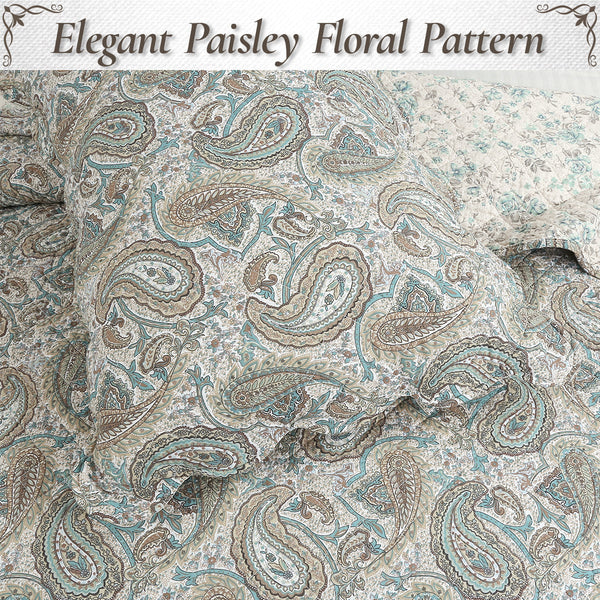 Aquamarine Turquoise Tan Brown Paisley 3 Piece Cotton Quilt Bedding Set