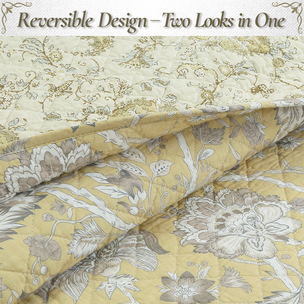Flaxen Yellow Tan Brown Floral 3 Piece Cotton Quilt Bedding Set