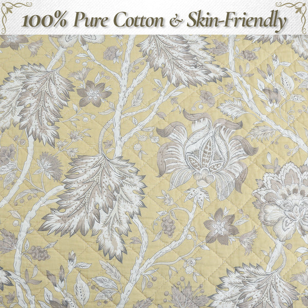 Flaxen Yellow Tan Brown Floral 3 Piece Cotton Quilt Bedding Set