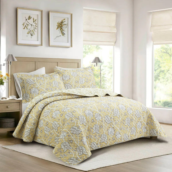 Flaxen Yellow Tan Brown Floral 3 Piece Cotton Quilt Bedding Set