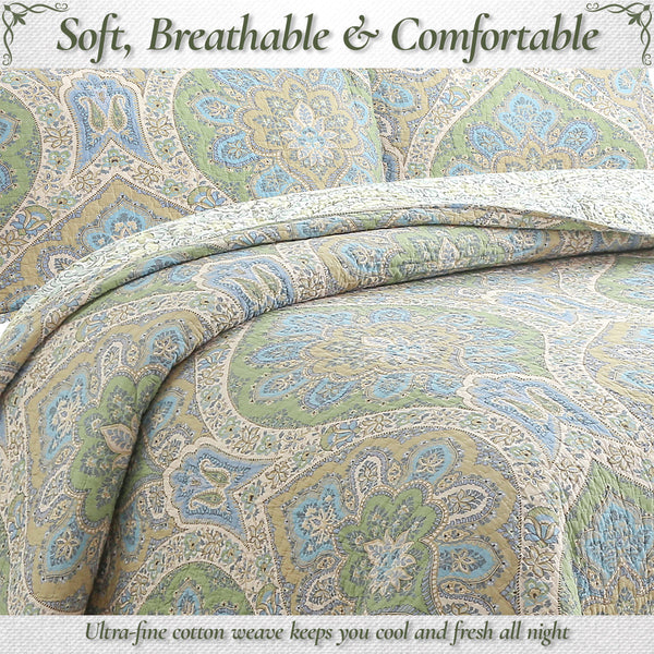 Tweedia Blue Green Floral Paisley Damask 3 Piece Cotton Quilt Bedding Set