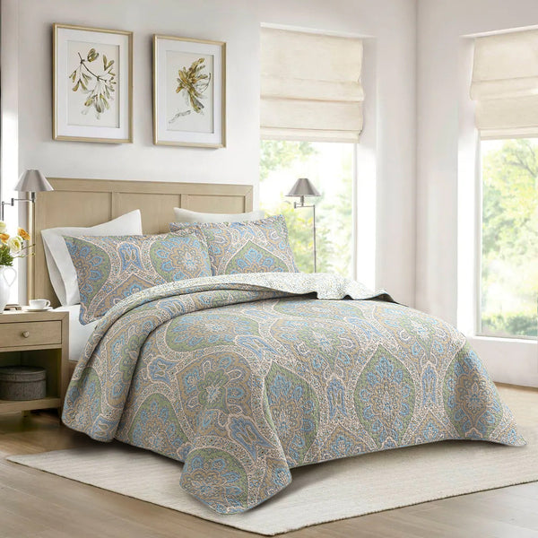 Tweedia Blue Green Floral Paisley Damask 3 Piece Cotton Quilt Bedding Set