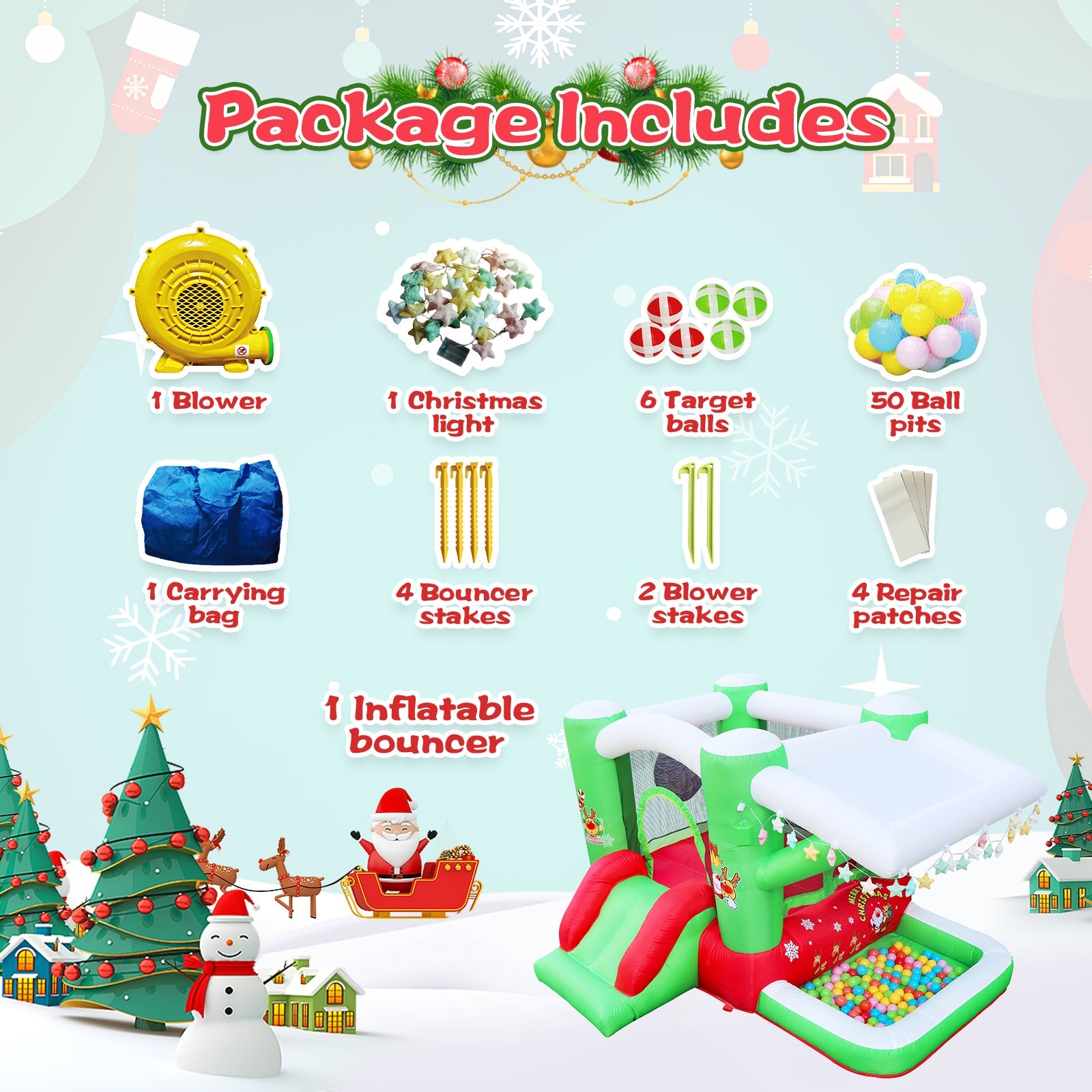 Christmas Jump 'n Slide Inflatable Bouncer for Kids Complete Setup with Blower - 80