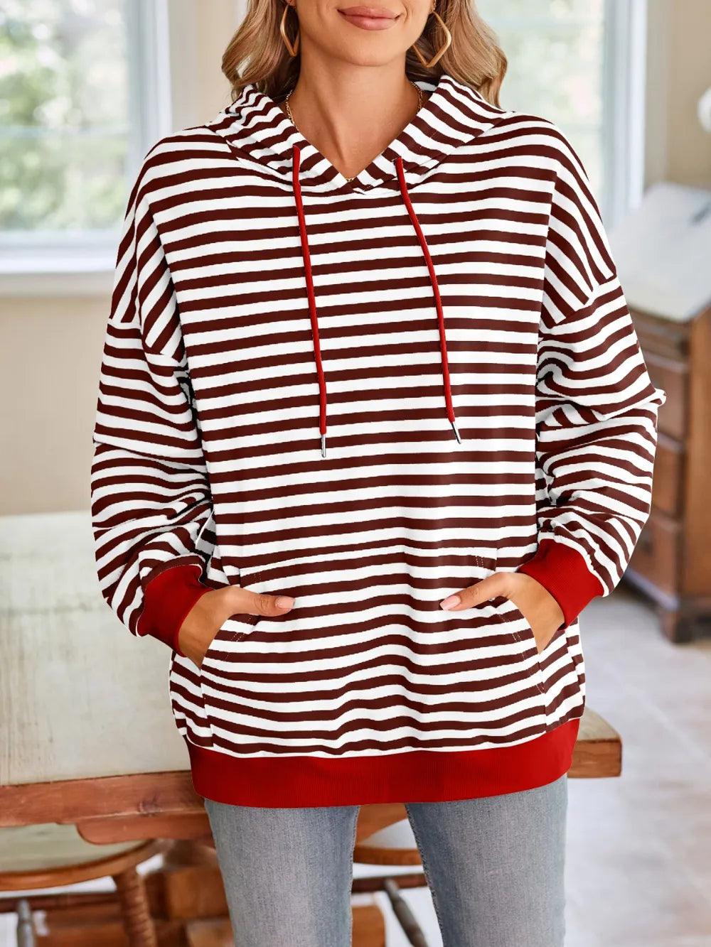 Loose casual striped hooded sweatshirt