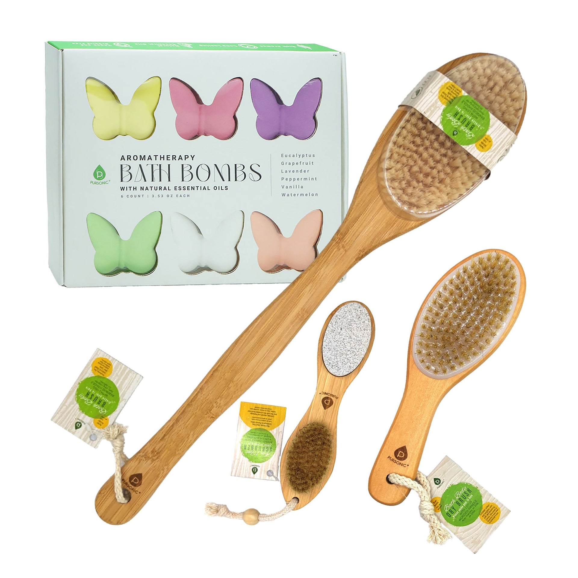 Pursonic Aromatherapy Bath Bombs & Bamboo Spa Brush Bundle – Relax, Refresh & Rejuvenate Naturally