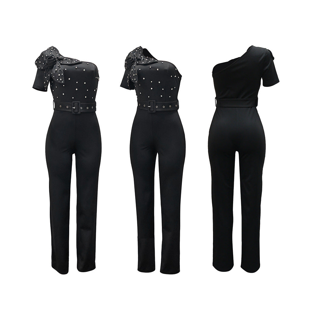 Sleeveless One-Piece Pants - European and American Style Off-the-Shoulder Short Sleeve Slim Fit