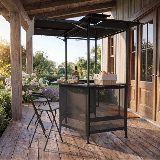 BBQ Gazebo Canopy with 4 Slatted Metal Shelves 6 Hanging Hooks and 2-Row Glass Holders-Black