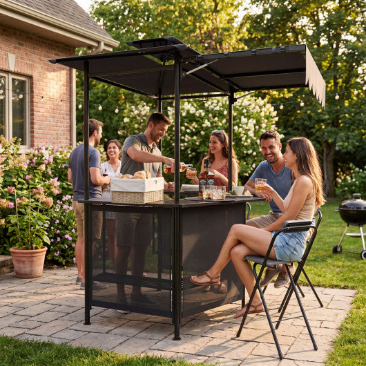 BBQ Gazebo Canopy with 4 Slatted Metal Shelves 6 Hanging Hooks and 2-Row Glass Holders-Black