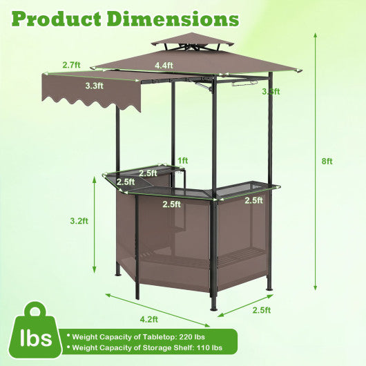 BBQ Gazebo Canopy with 4 Slatted Metal Shelves 6 Hanging Hooks and 2-Row Glass Holders-Brown