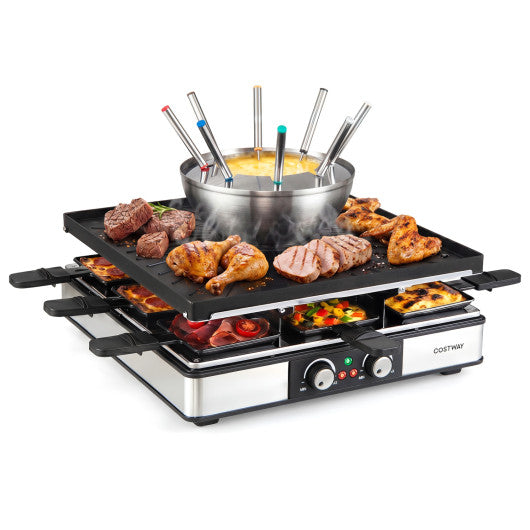 BBQ Grill with Fondue Pot Set and Adjustable Thermostats for 8 People