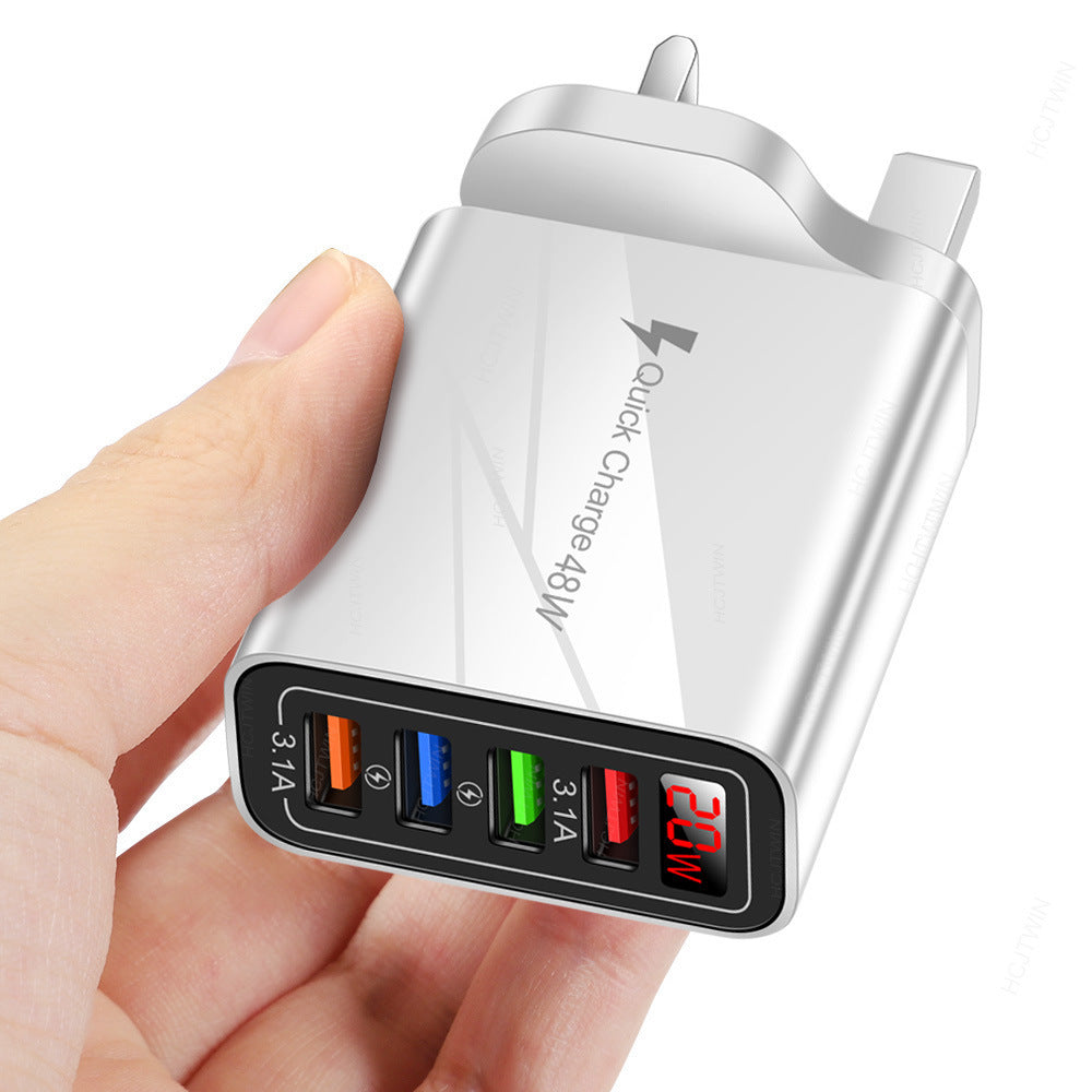 4 USB digital display mobile phone charger, European, American and British standard multi port charger with display screen