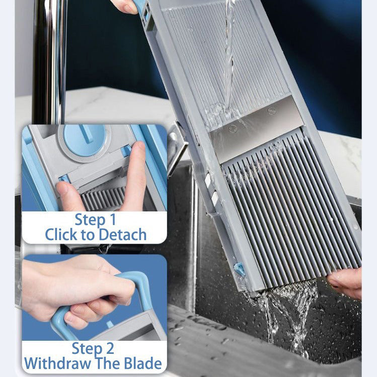 Instructions on how to detach and clean a blade from a kitchen tool.