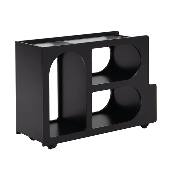 Stylish mobile desk with lockable wheels,bedside table with 5mm thick grooved tempered glass and gold round bars ，black