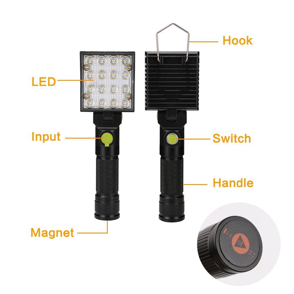 16 LEDs Work Flashlights White Red Blue Light Car Repair Working Lamp USB 18650 Torch Built-in Magnet Hook