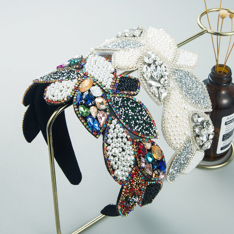 Headband Fashion Ball Rhinestone Pearl Leaf-Shaped Baroque Headband Exaggerated Wide-Brimmed Hair Accessories