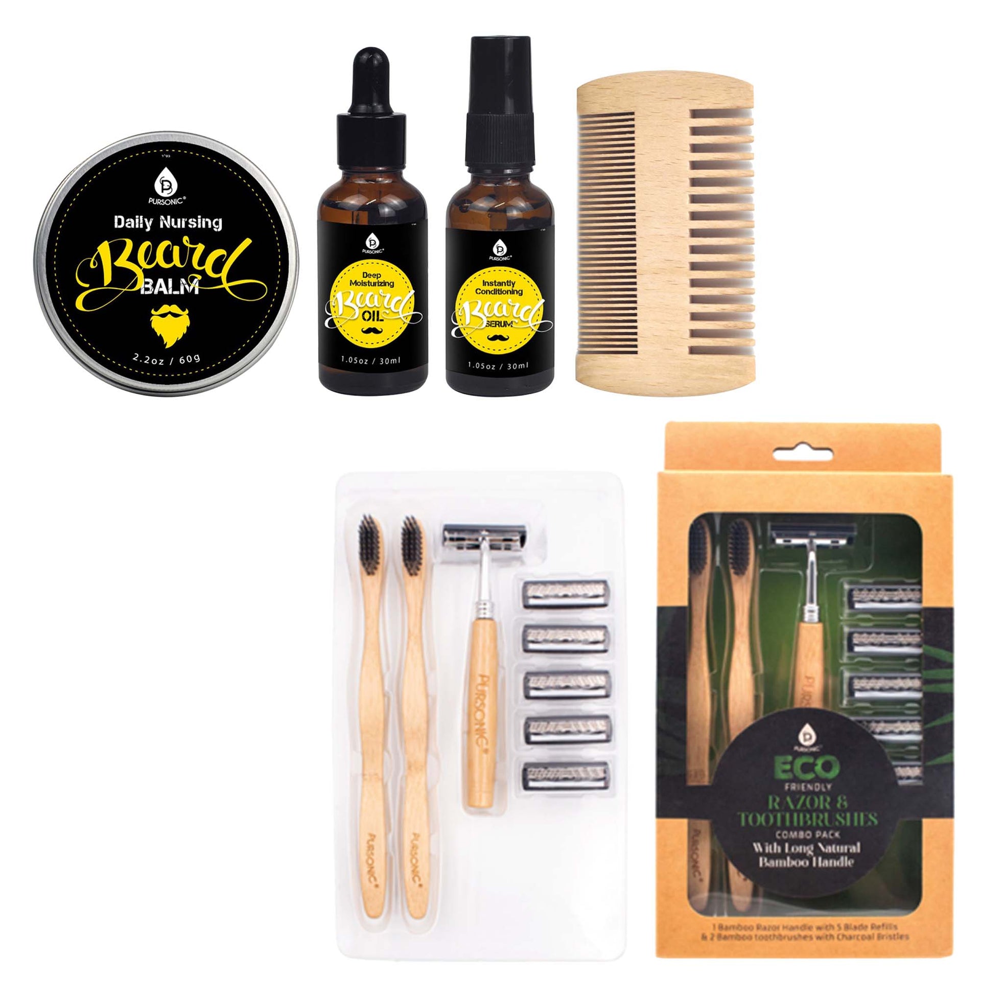 Pursonic Beard Care Grooming Kit & Eco Friendly Razor + Toothbrushes Combo Pack Pursonic