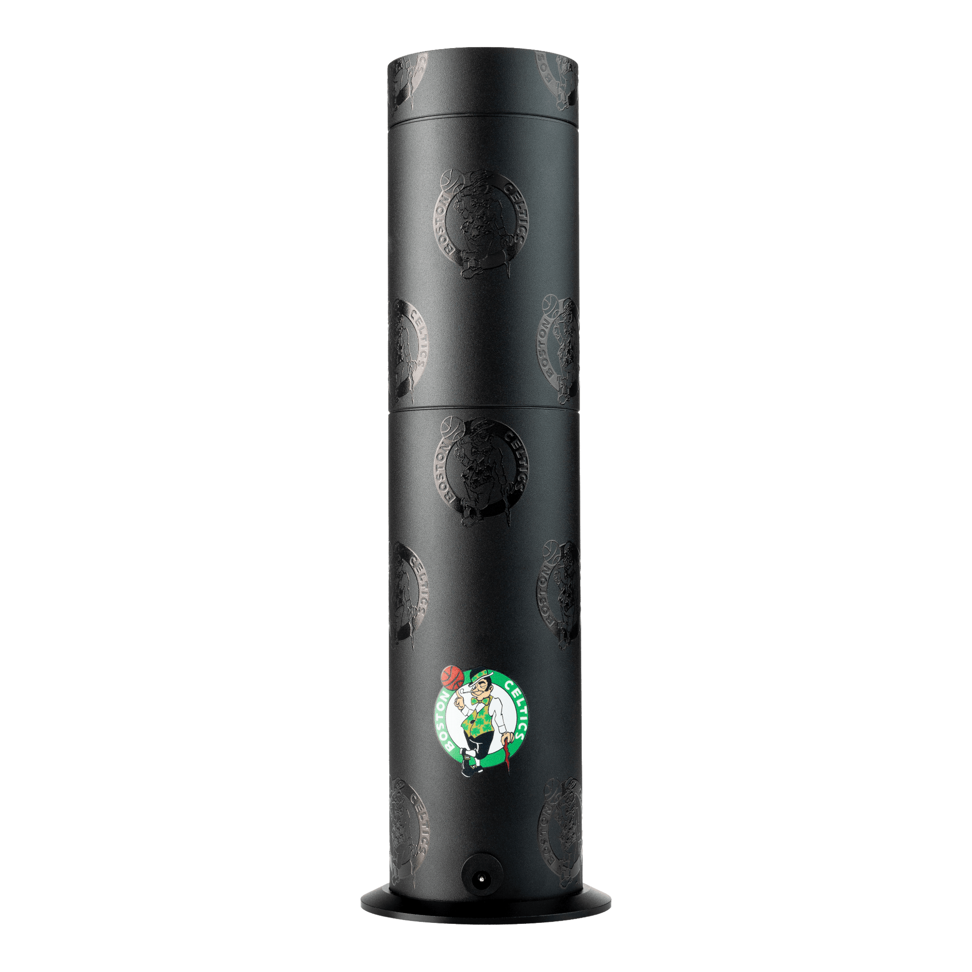 Black cylindrical product with a logo on a white background