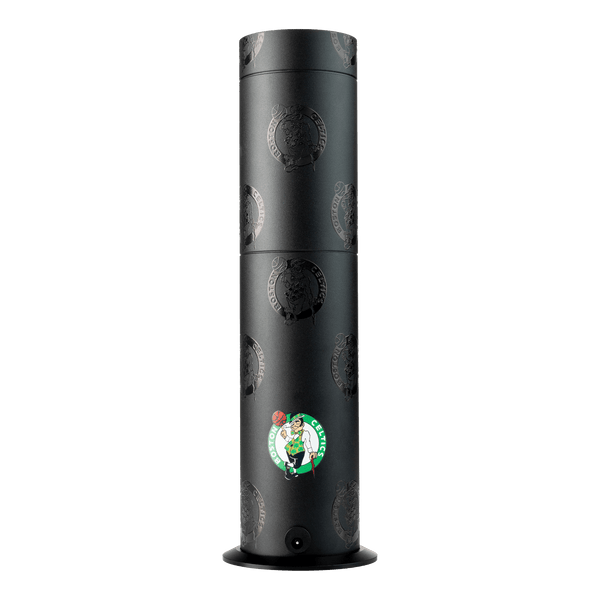Black cylindrical product with a logo on a white background