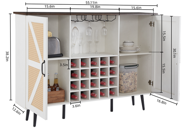 White Faux Rattan Barn Door Wine Cabinet with Wine Rack and Wine Glass Rack, Double Door Design with Removable Shelves