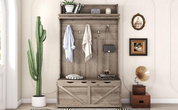 Hall tree with storage desk, entrance desk with drawers and 5 hooks, display rack,Oak
