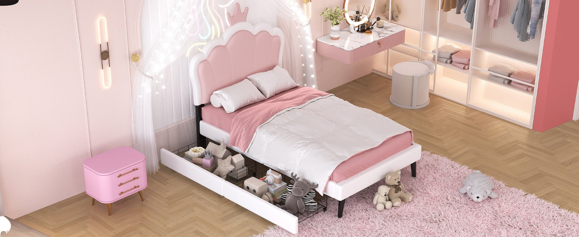 Twin cushion princess bed with crown headboard and 2 drawers with headboard and footrest, pink+white