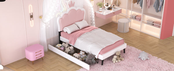 Twin cushion princess bed with crown headboard and 2 drawers with headboard and footrest, pink+white