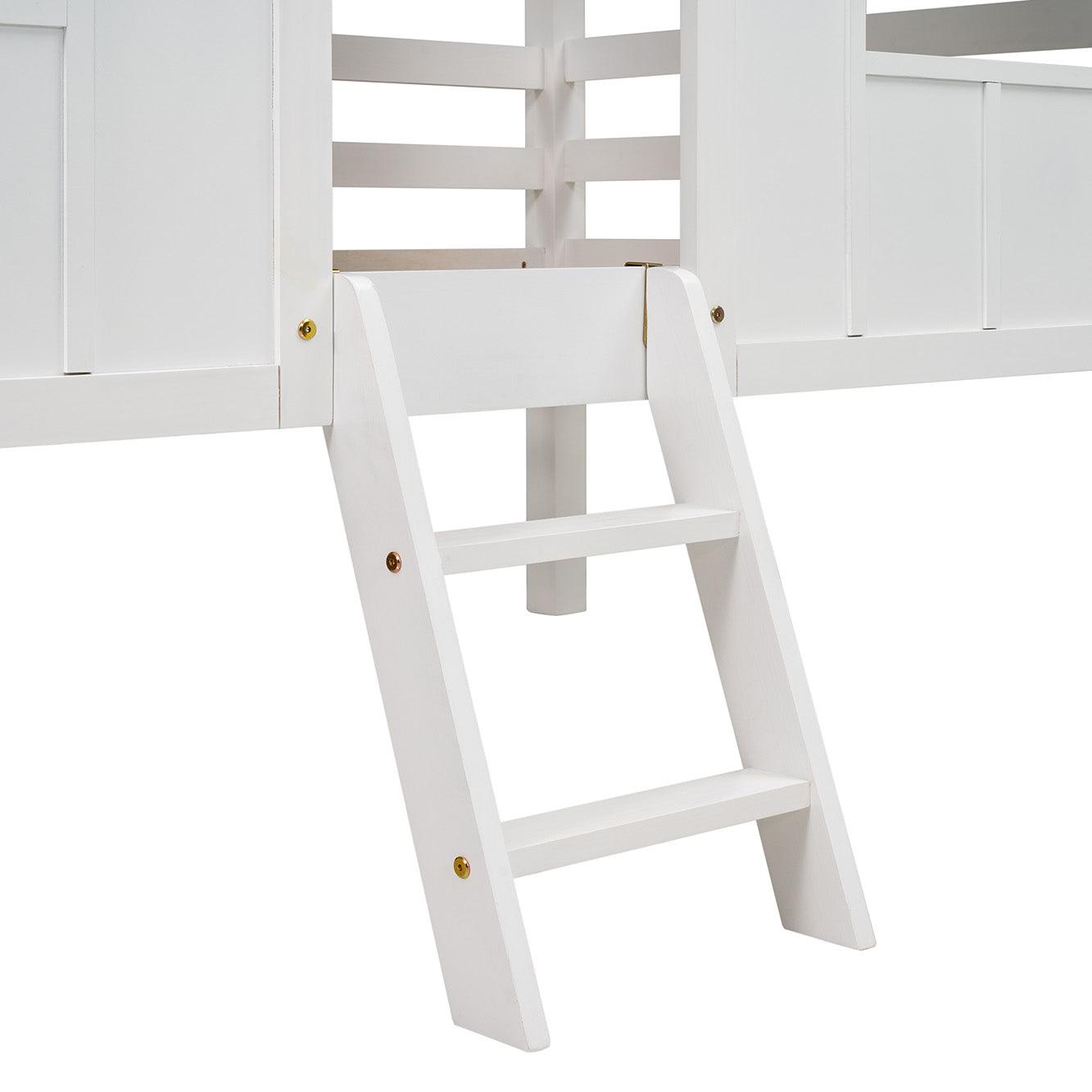 Twin Size Low Loft House Bed with Roof and Two Front Windows White