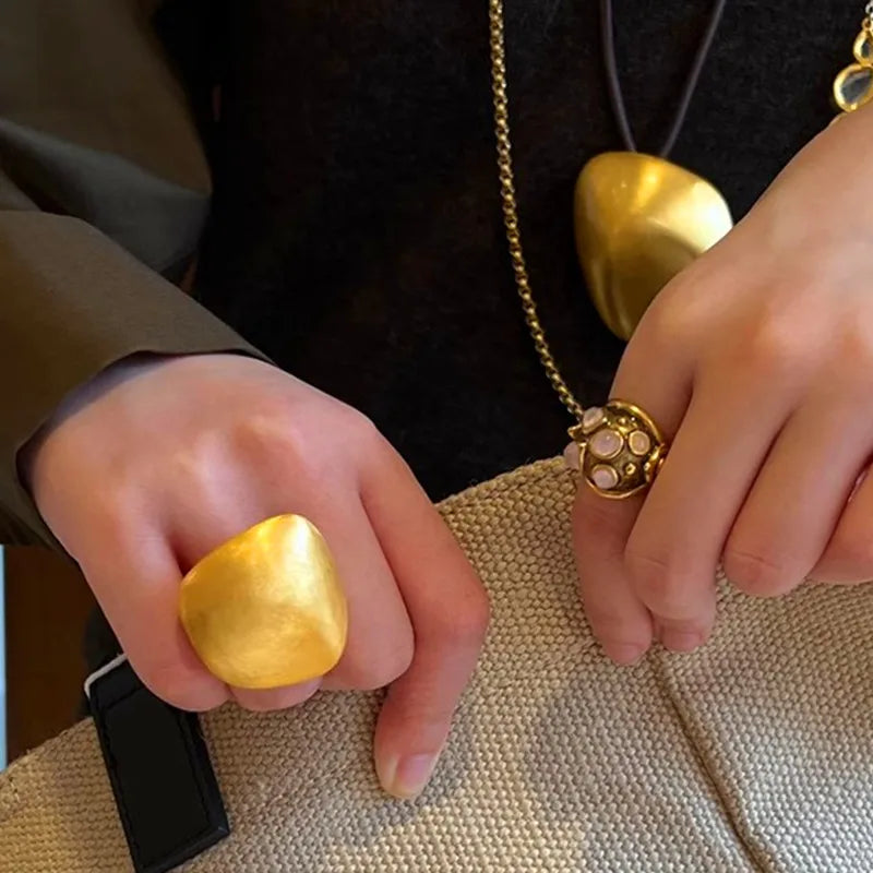 Gold Color Metal Rings Irregular Geometric Wide Noodle Finger Fing for Women Jewelry Retro Light Luxury  New Gift Accessorie